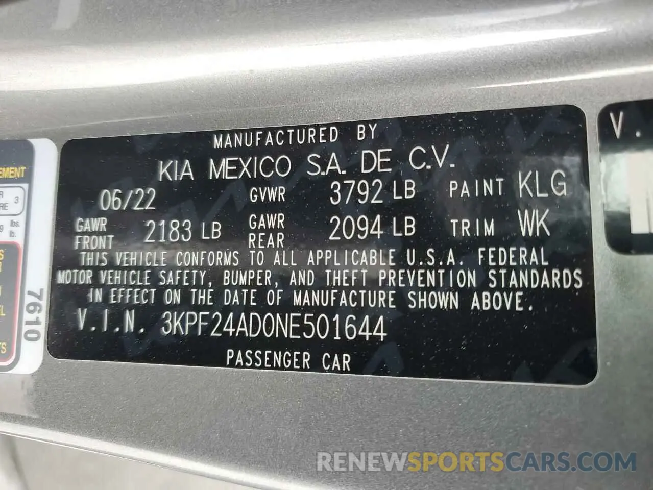 14 Photograph of a damaged car 3KPF24AD0NE501644 KIA FORTE 2022