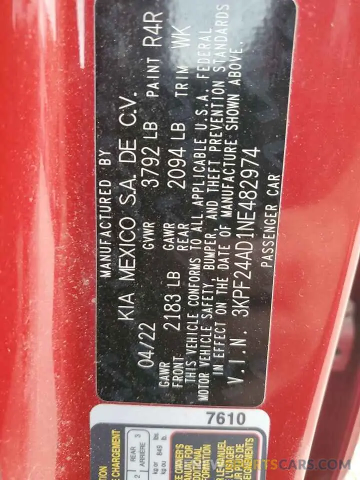 12 Photograph of a damaged car 3KPF24AD1NE482974 KIA FORTE 2022