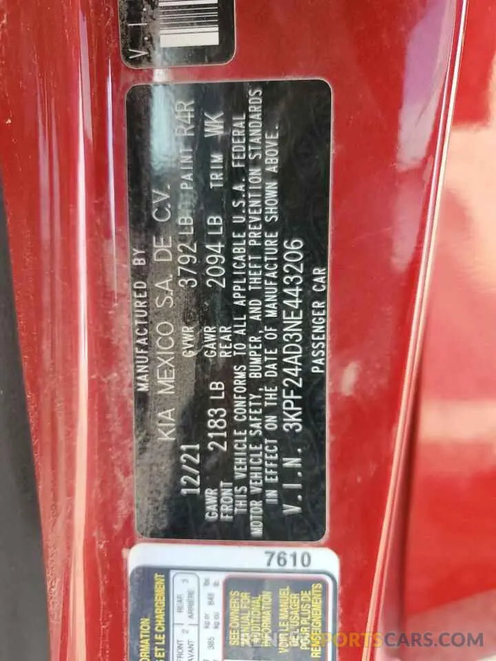 12 Photograph of a damaged car 3KPF24AD3NE443206 KIA FORTE 2022