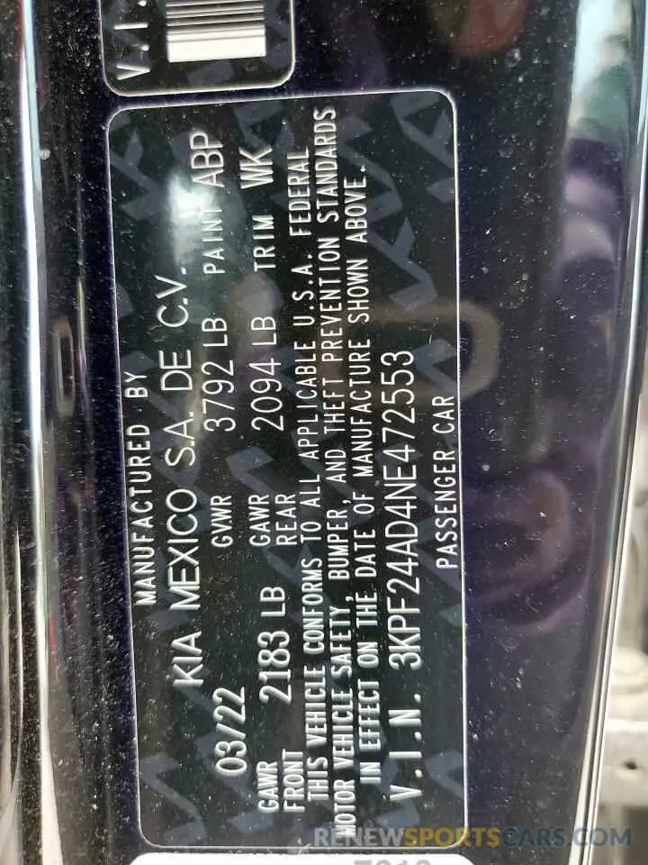 13 Photograph of a damaged car 3KPF24AD4NE472553 KIA FORTE 2022