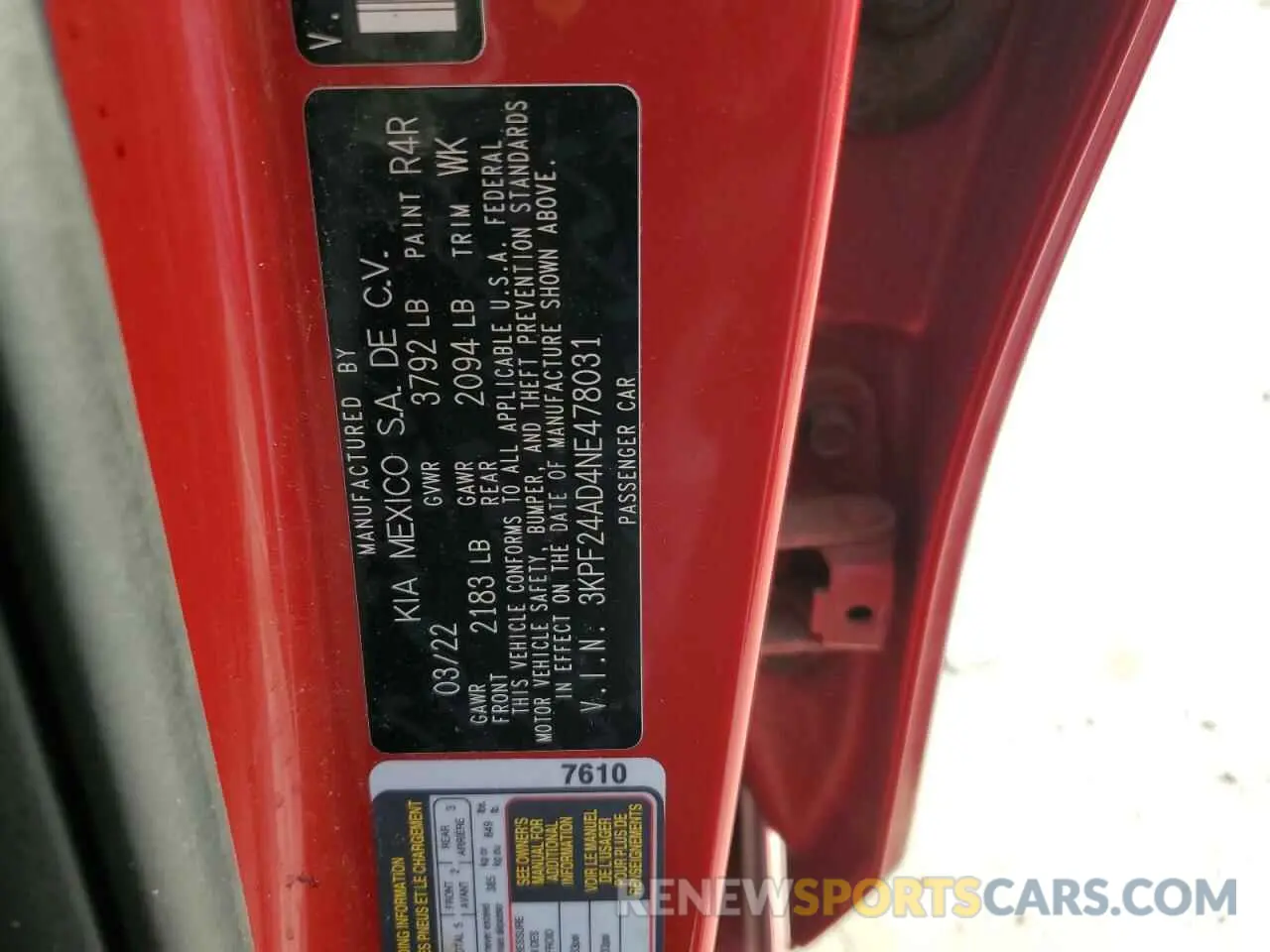12 Photograph of a damaged car 3KPF24AD4NE478031 KIA FORTE 2022