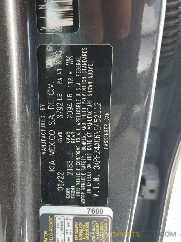 12 Photograph of a damaged car 3KPF24AD6NE452112 KIA FORTE 2022