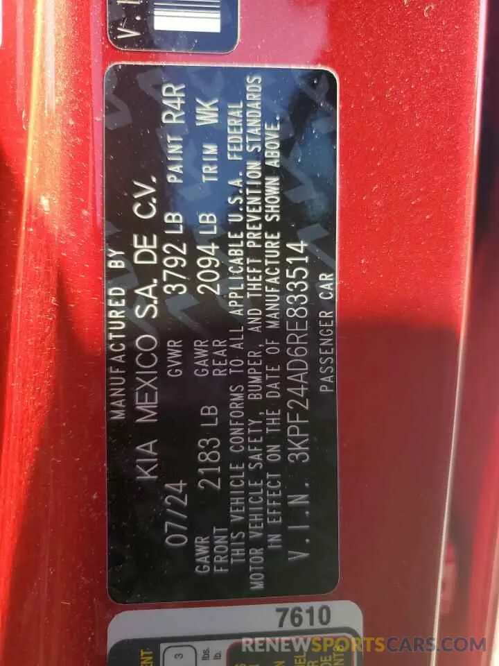 12 Photograph of a damaged car 3KPF24AD6RE833514 KIA FORTE 2024