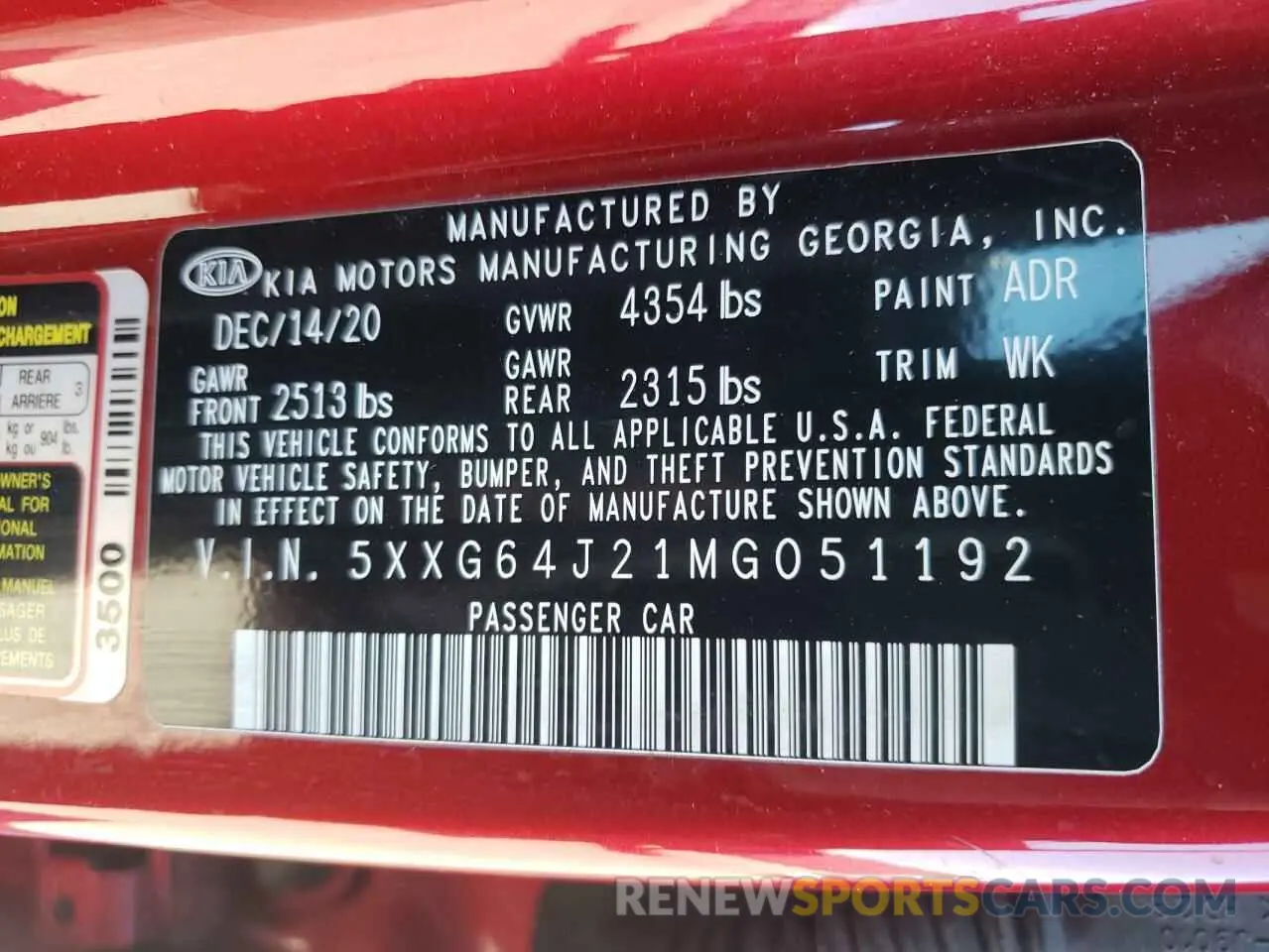 12 Photograph of a damaged car 5XXG64J21MG051192 KIA K5 2021