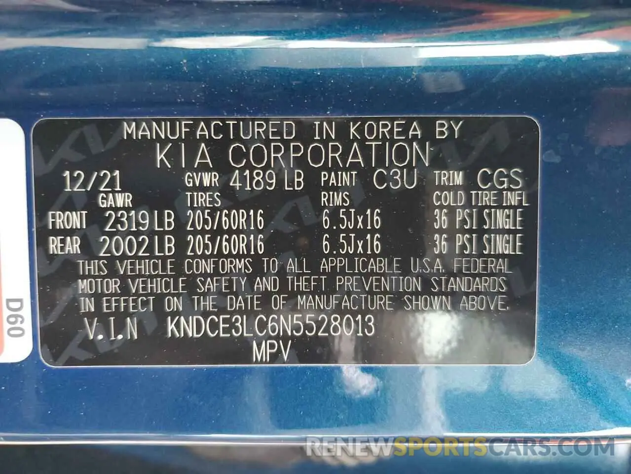13 Photograph of a damaged car KNDCE3LC6N5528013 KIA NIRO 2022