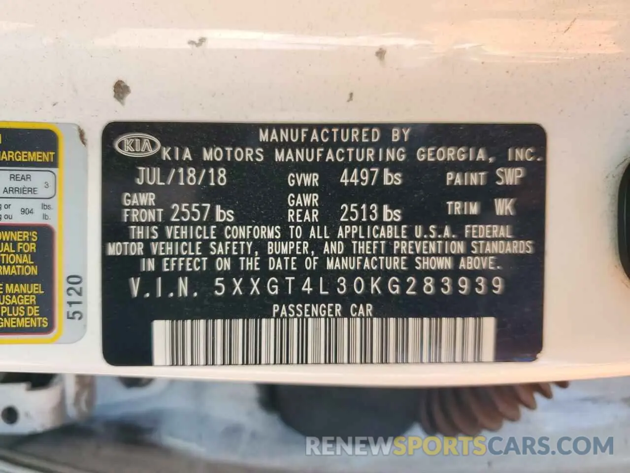 12 Photograph of a damaged car 5XXGT4L30KG283939 KIA OPTIMA 2019