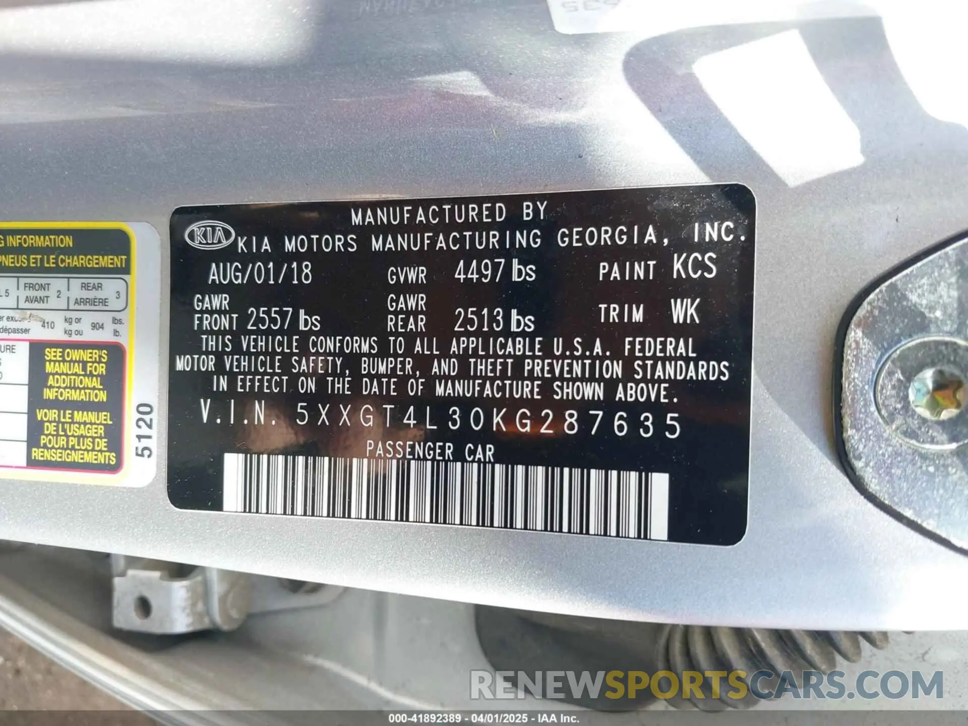 9 Photograph of a damaged car 5XXGT4L30KG287635 KIA OPTIMA 2019