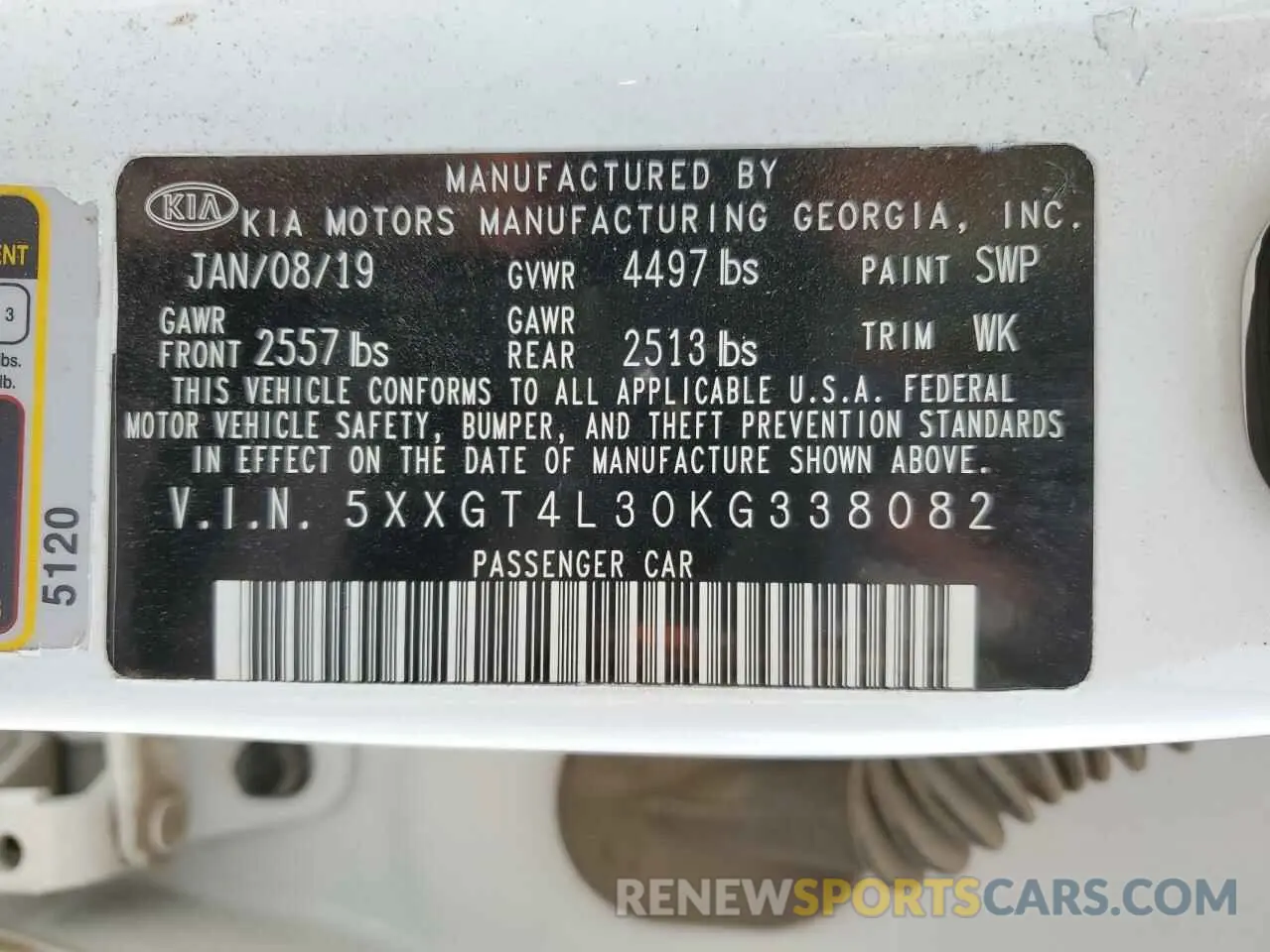 12 Photograph of a damaged car 5XXGT4L30KG338082 KIA OPTIMA 2019