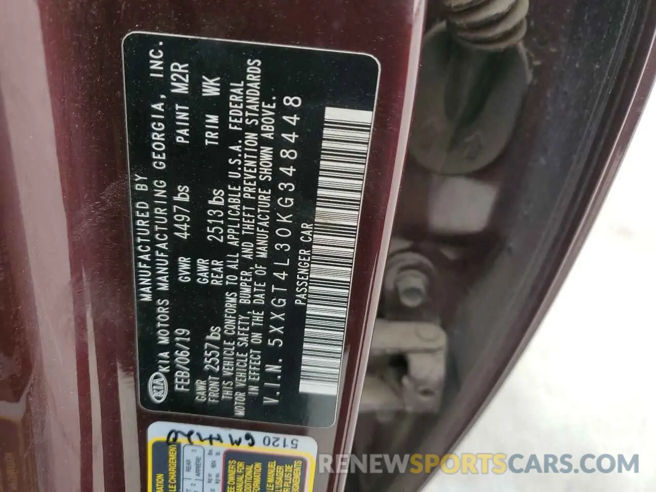 12 Photograph of a damaged car 5XXGT4L30KG348448 KIA OPTIMA 2019