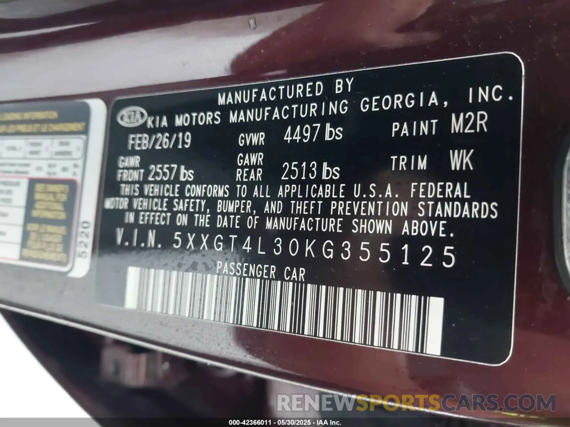 9 Photograph of a damaged car 5XXGT4L30KG355125 KIA OPTIMA 2019
