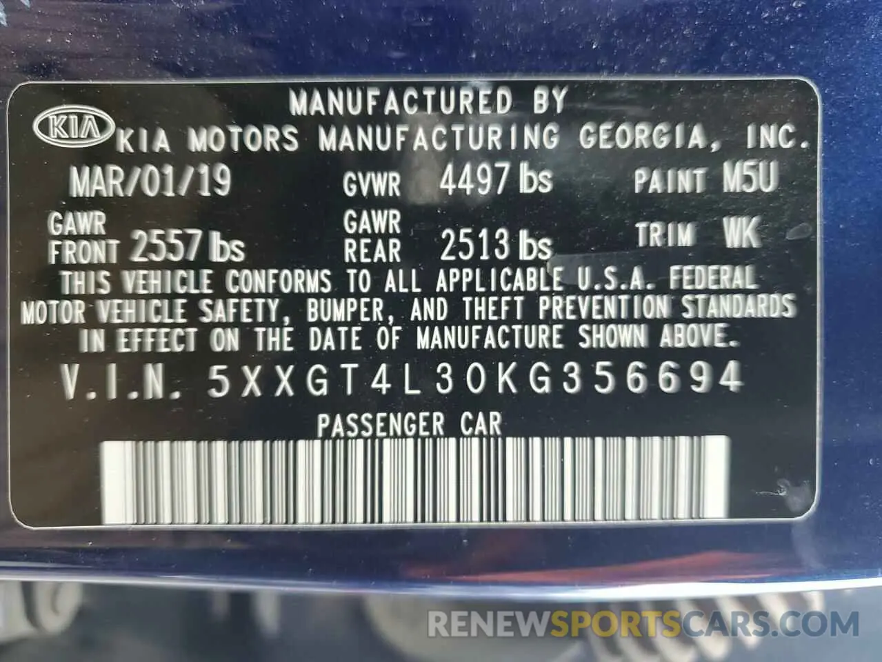 13 Photograph of a damaged car 5XXGT4L30KG356694 KIA OPTIMA 2019