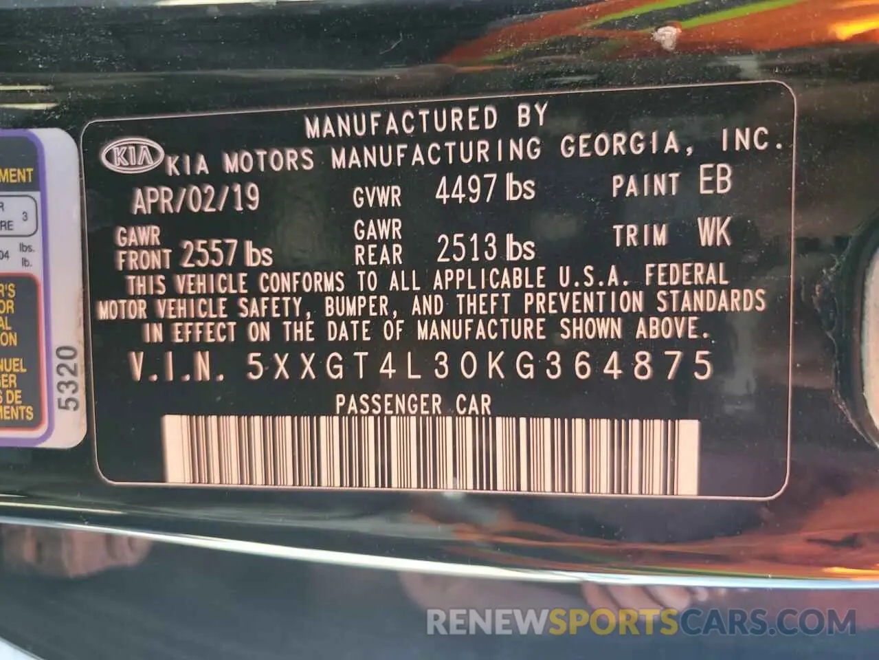 15 Photograph of a damaged car 5XXGT4L30KG364875 KIA OPTIMA 2019