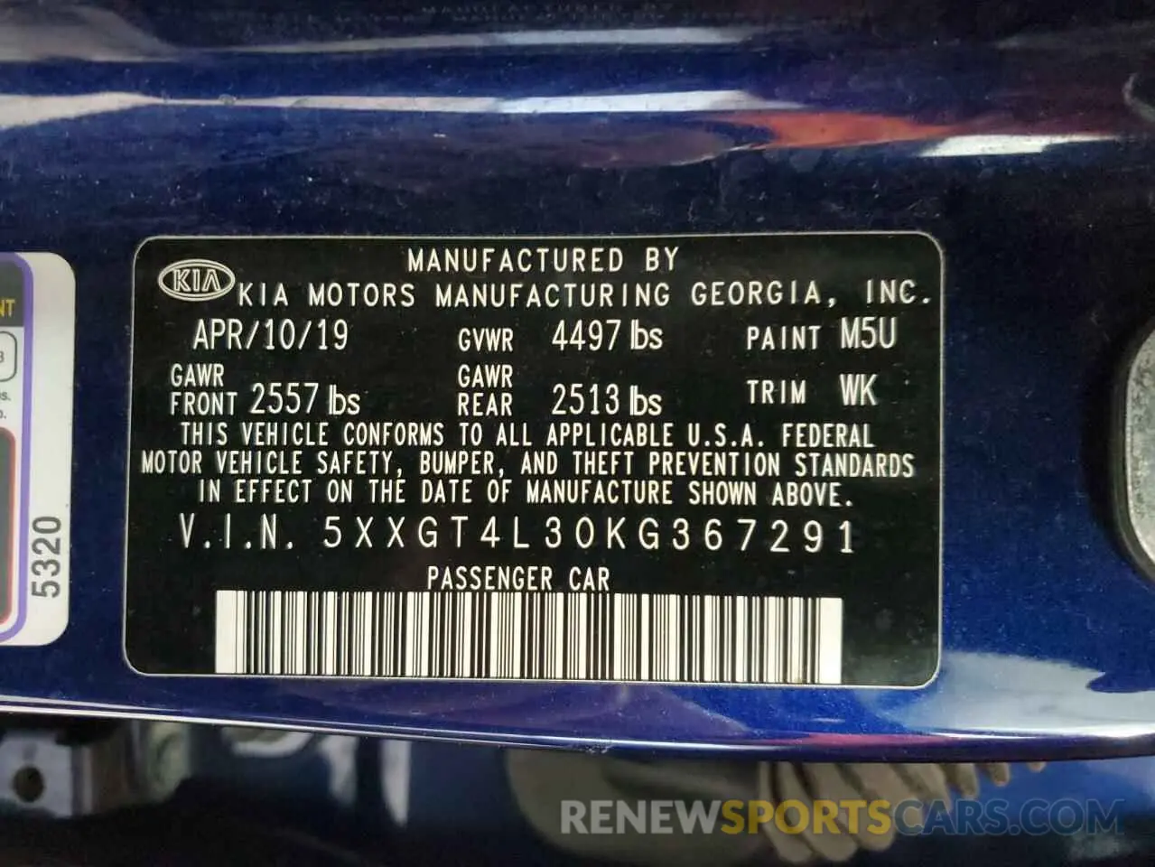 12 Photograph of a damaged car 5XXGT4L30KG367291 KIA OPTIMA 2019