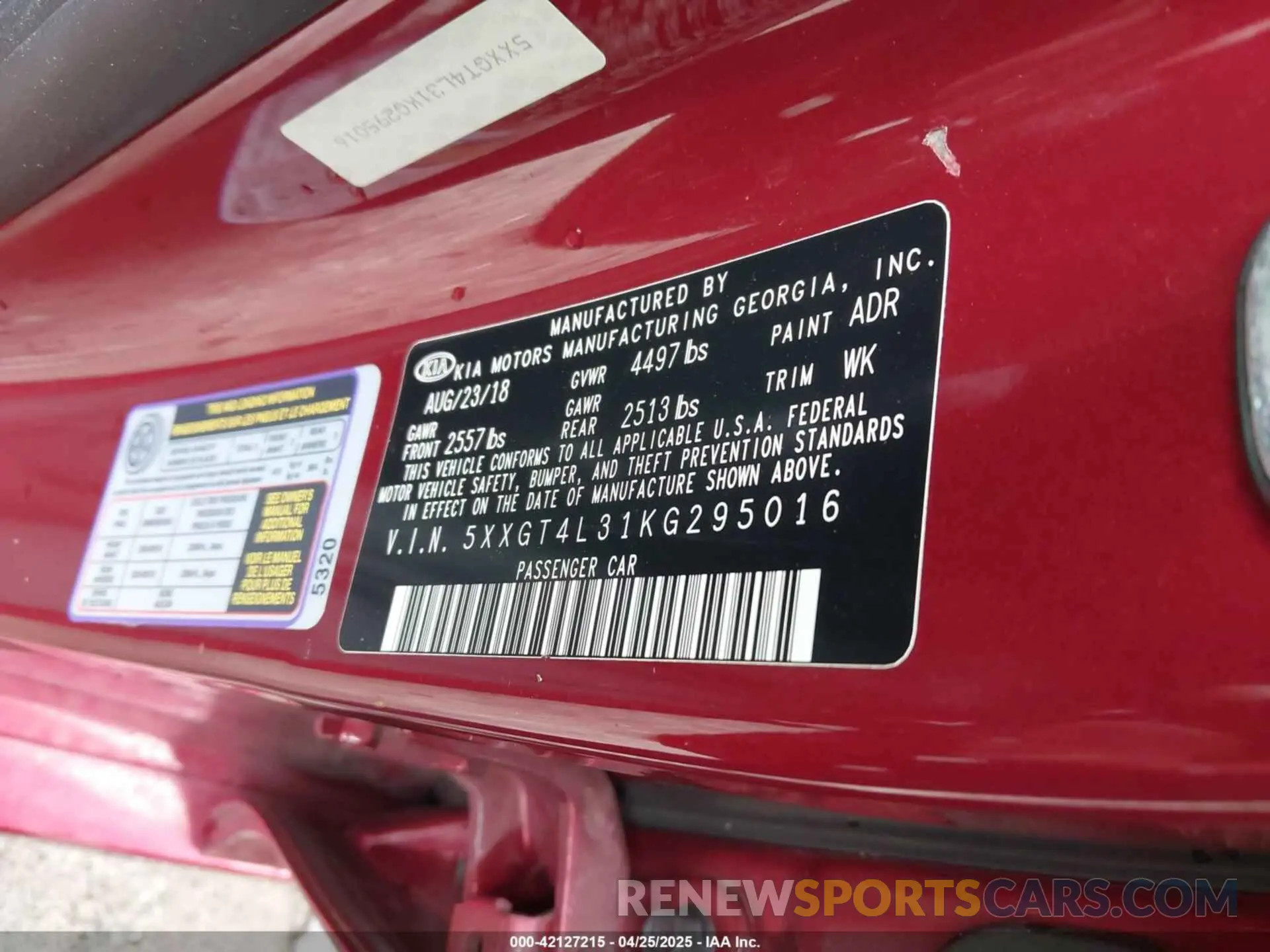 9 Photograph of a damaged car 5XXGT4L31KG295016 KIA OPTIMA 2019