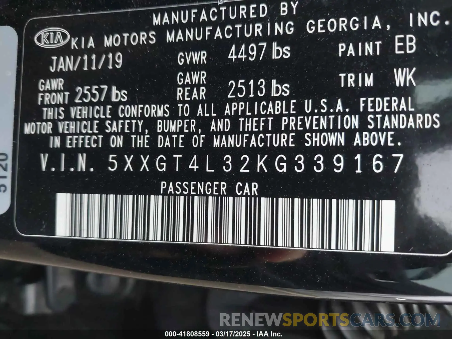 17 Photograph of a damaged car 5XXGT4L32KG339167 KIA OPTIMA 2019