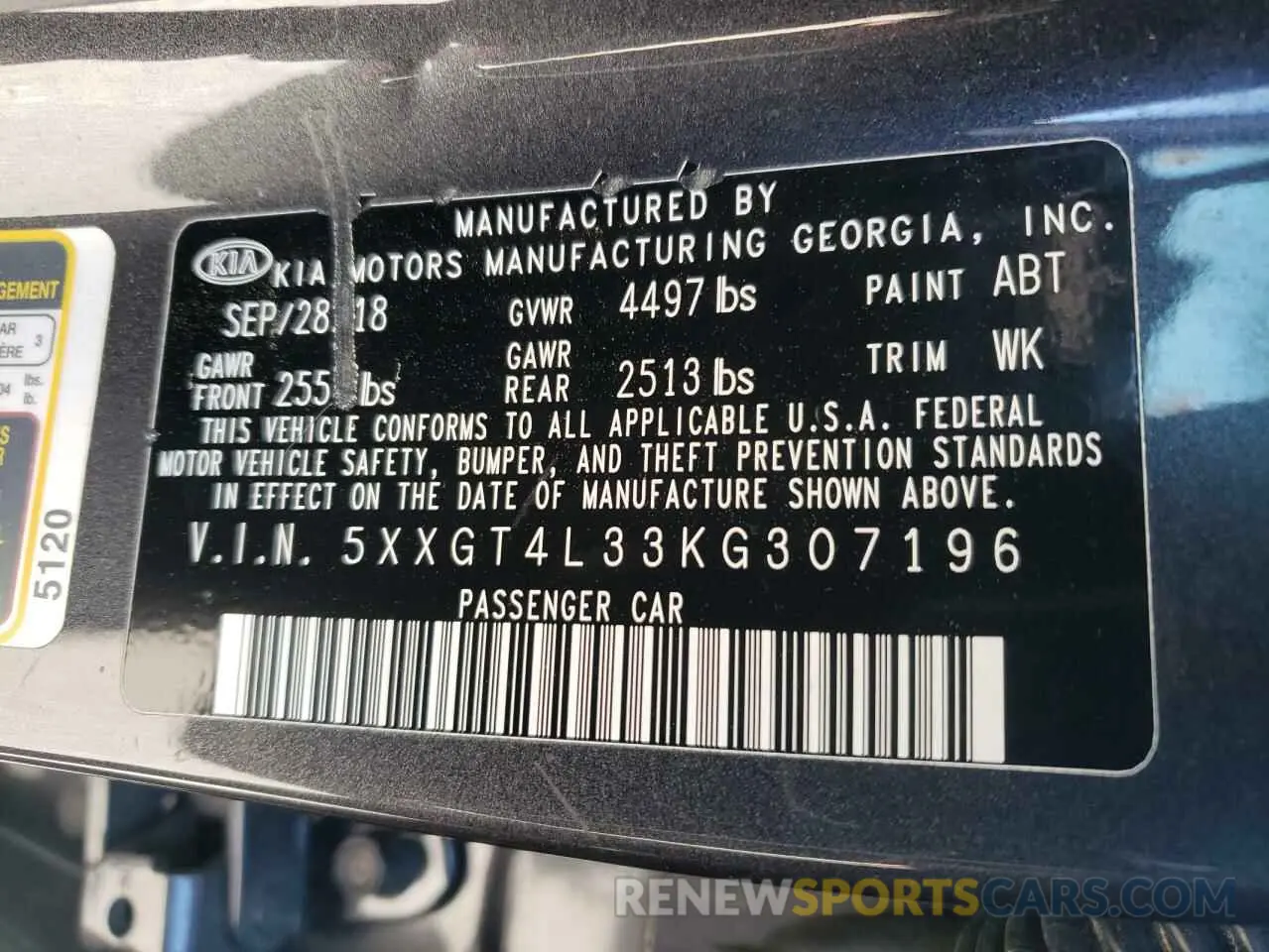 14 Photograph of a damaged car 5XXGT4L33KG307196 KIA OPTIMA 2019