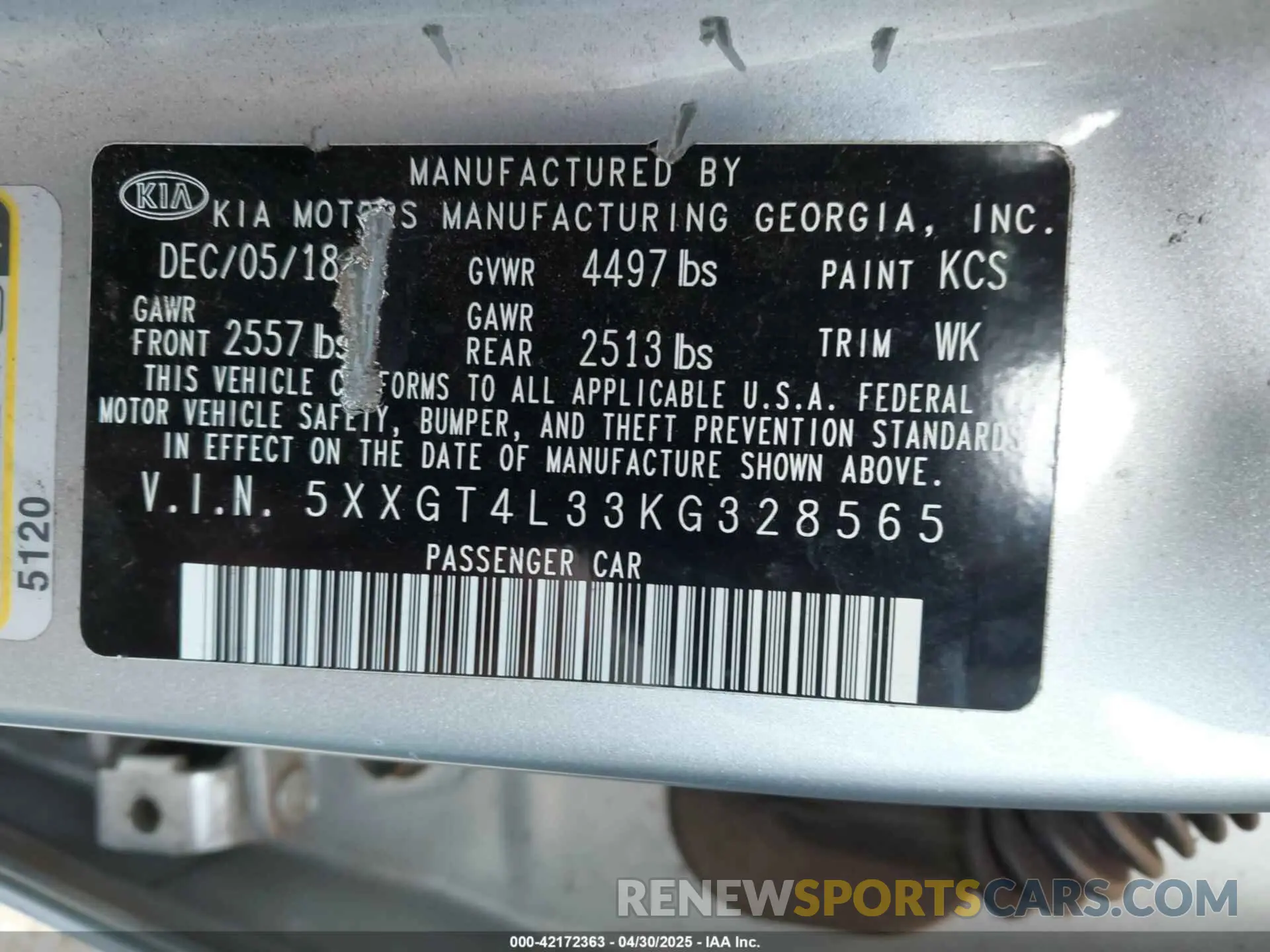 9 Photograph of a damaged car 5XXGT4L33KG328565 KIA OPTIMA 2019