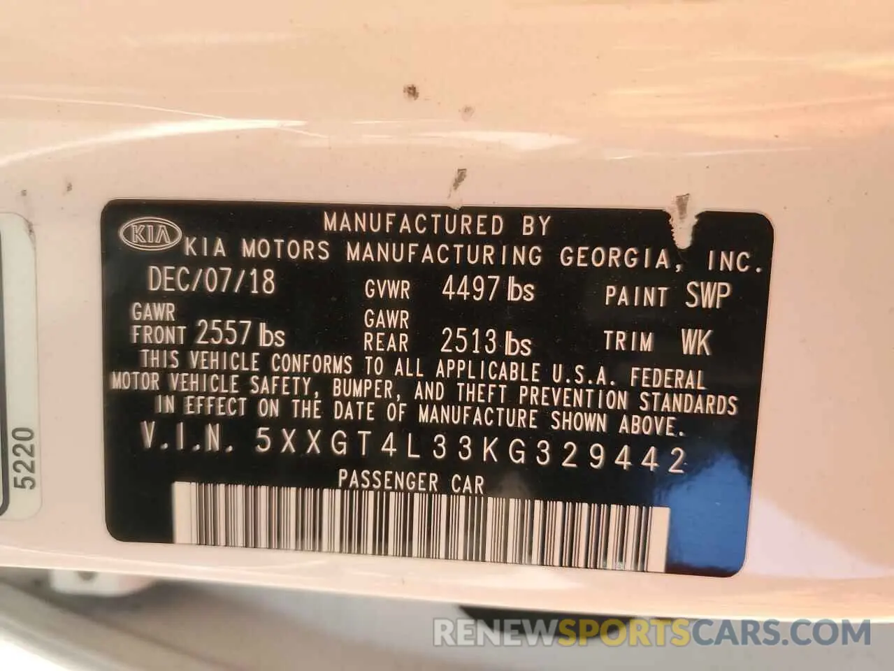 12 Photograph of a damaged car 5XXGT4L33KG329442 KIA OPTIMA 2019