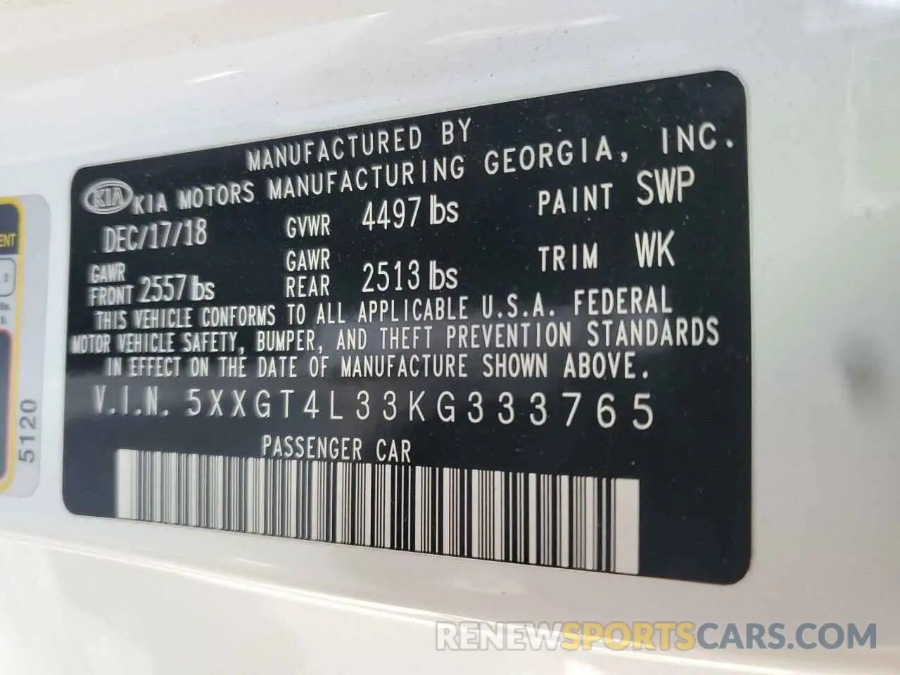 12 Photograph of a damaged car 5XXGT4L33KG333765 KIA OPTIMA 2019