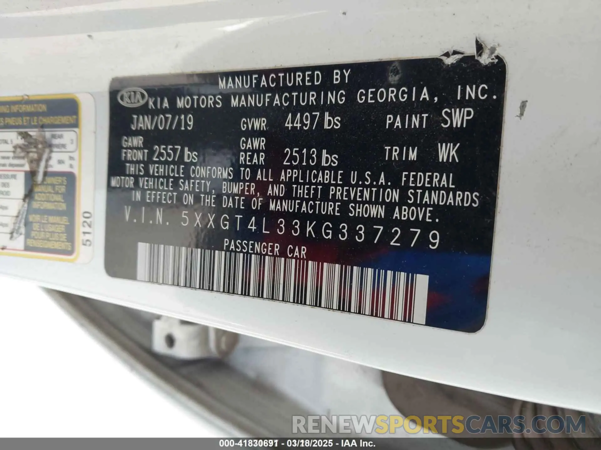 9 Photograph of a damaged car 5XXGT4L33KG337279 KIA OPTIMA 2019