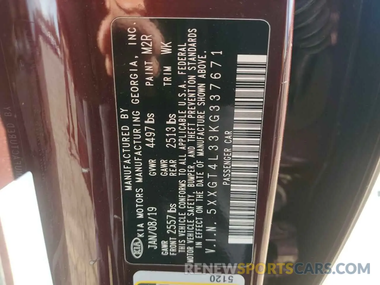 12 Photograph of a damaged car 5XXGT4L33KG337671 KIA OPTIMA 2019