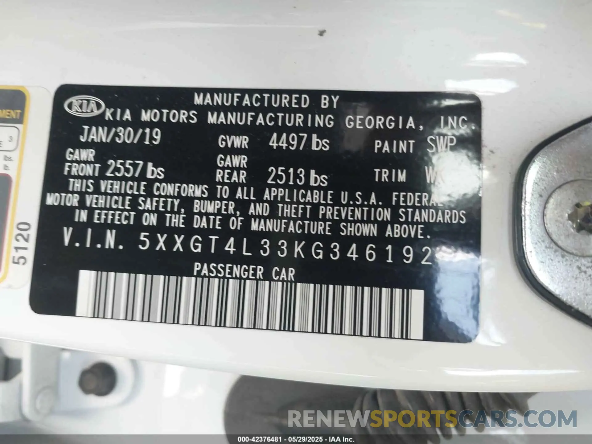 9 Photograph of a damaged car 5XXGT4L33KG346192 KIA OPTIMA 2019