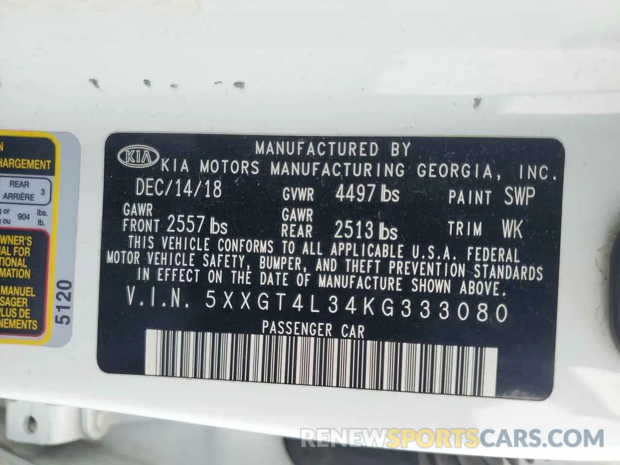 13 Photograph of a damaged car 5XXGT4L34KG333080 KIA OPTIMA 2019