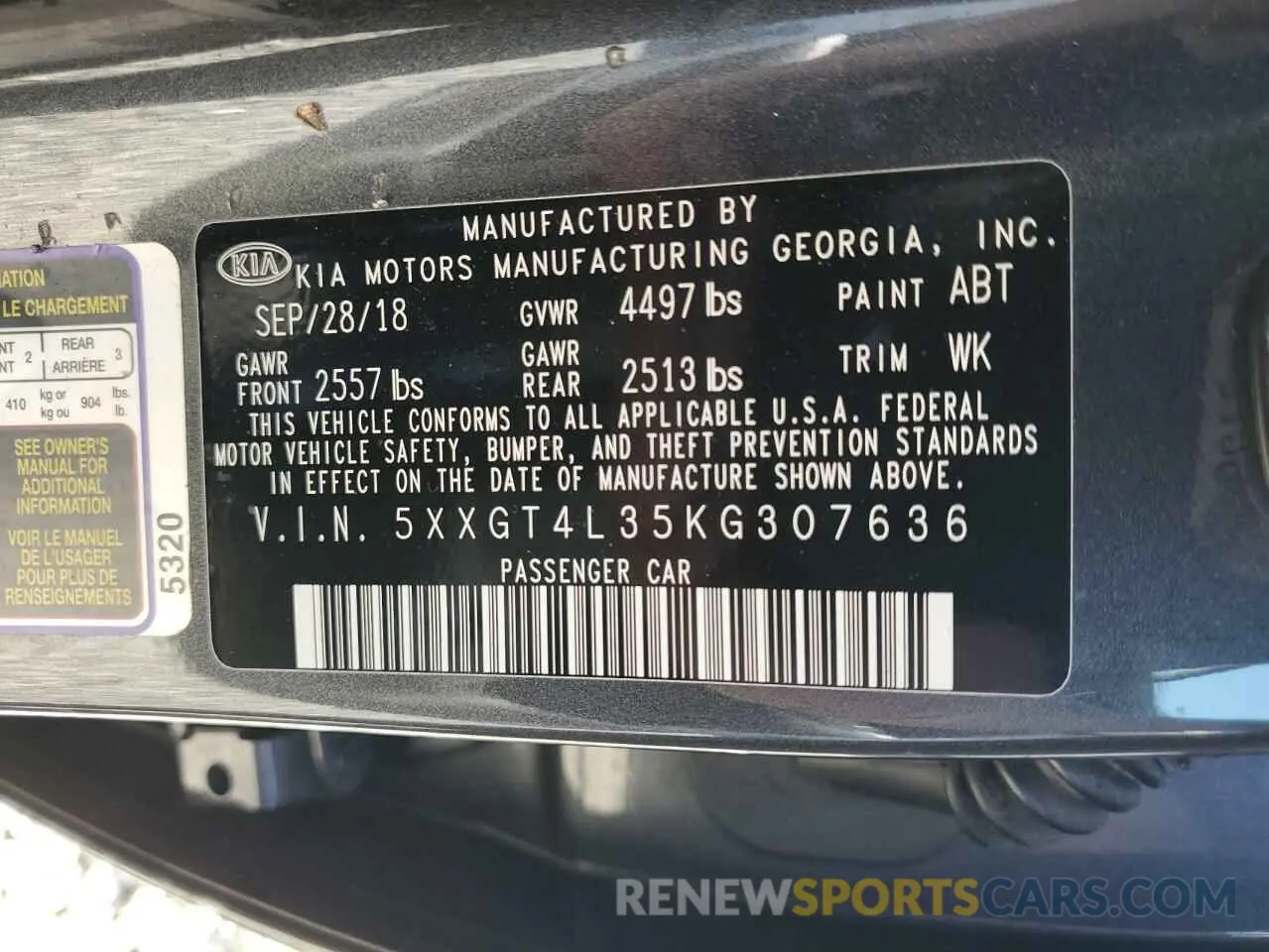 12 Photograph of a damaged car 5XXGT4L35KG307636 KIA OPTIMA 2019