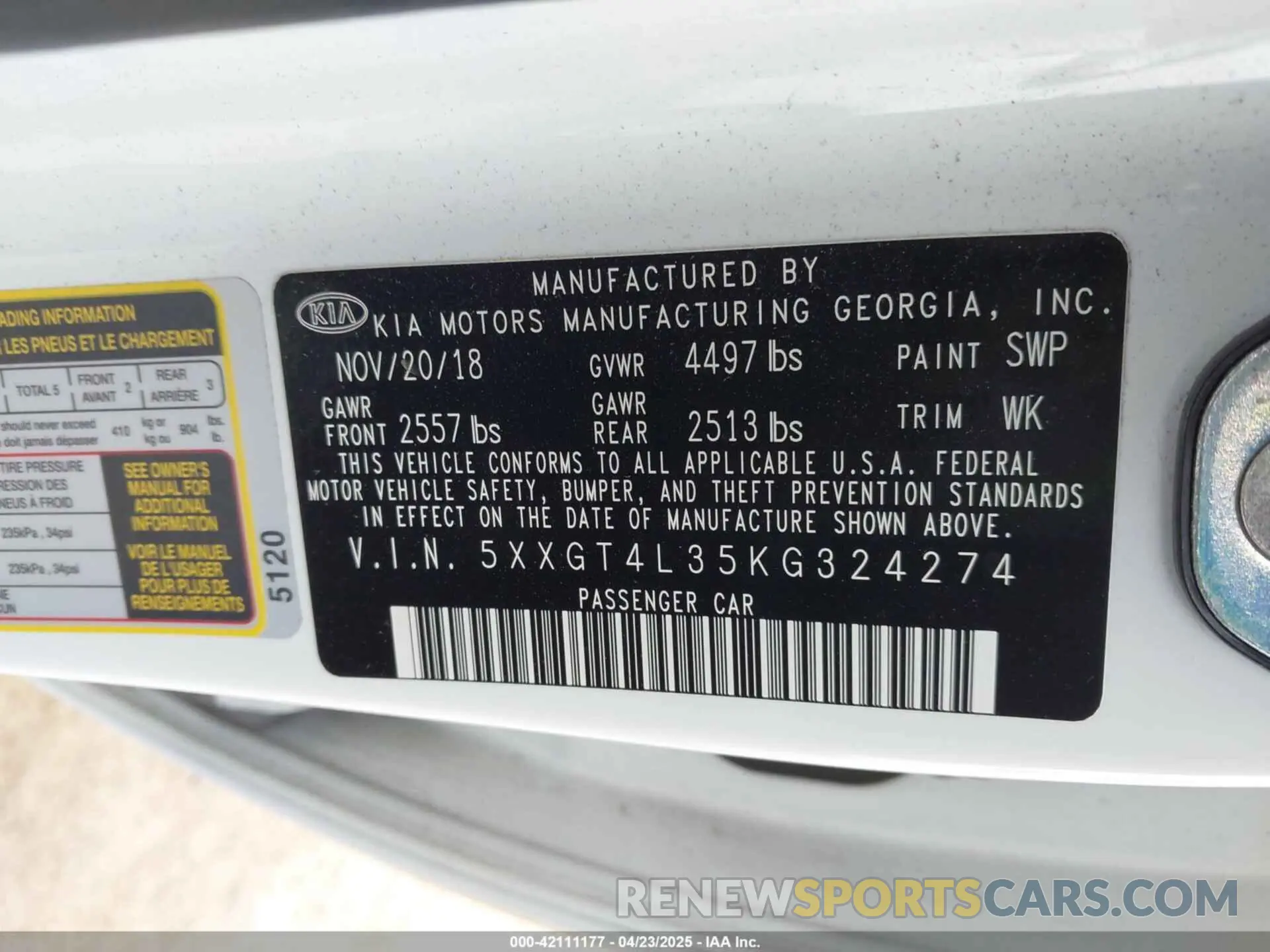 9 Photograph of a damaged car 5XXGT4L35KG324274 KIA OPTIMA 2019