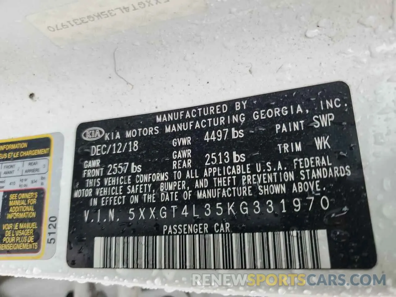 12 Photograph of a damaged car 5XXGT4L35KG331970 KIA OPTIMA 2019