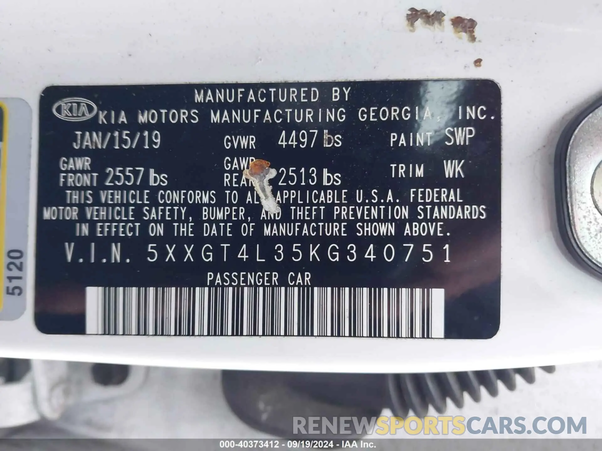 9 Photograph of a damaged car 5XXGT4L35KG340751 KIA OPTIMA 2019