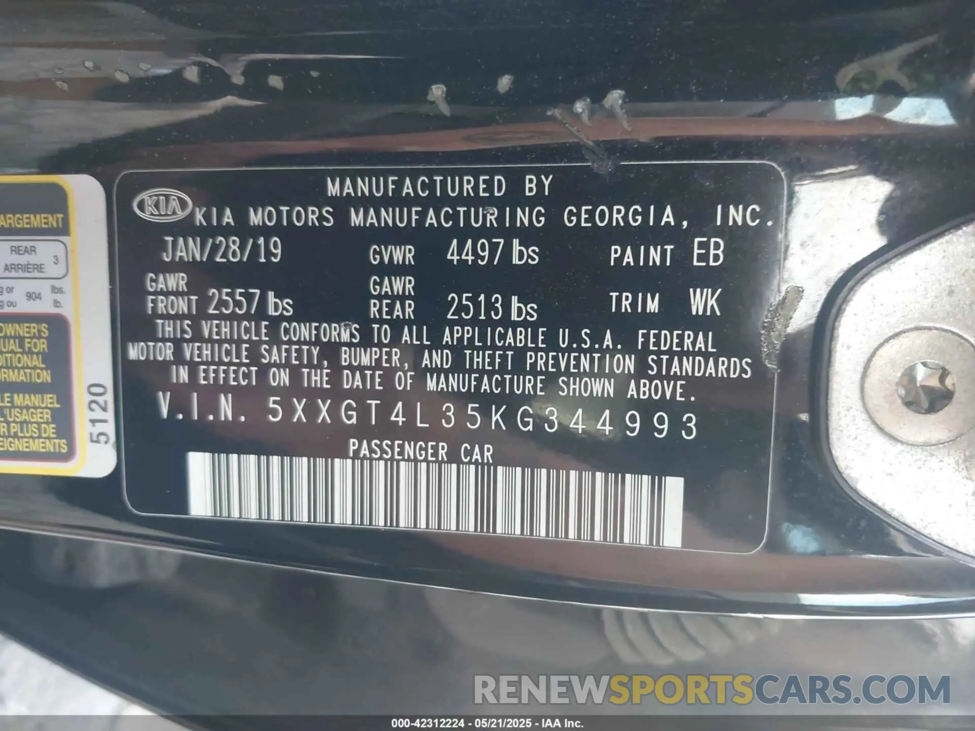 9 Photograph of a damaged car 5XXGT4L35KG344993 KIA OPTIMA 2019