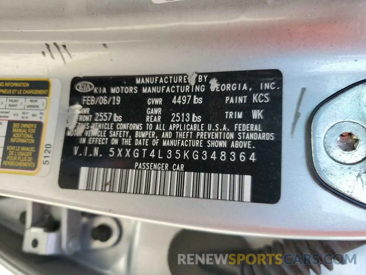 13 Photograph of a damaged car 5XXGT4L35KG348364 KIA OPTIMA 2019