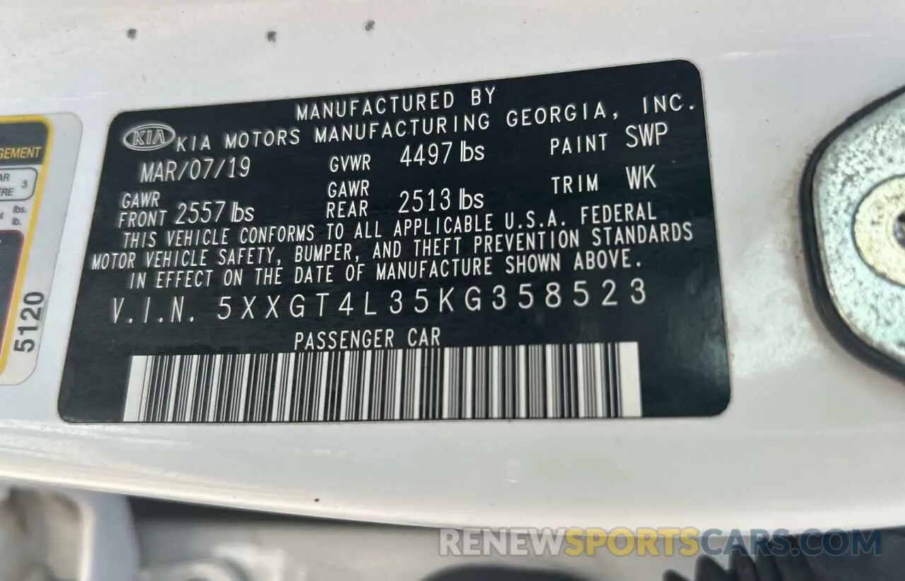 10 Photograph of a damaged car 5XXGT4L35KG358523 KIA OPTIMA 2019