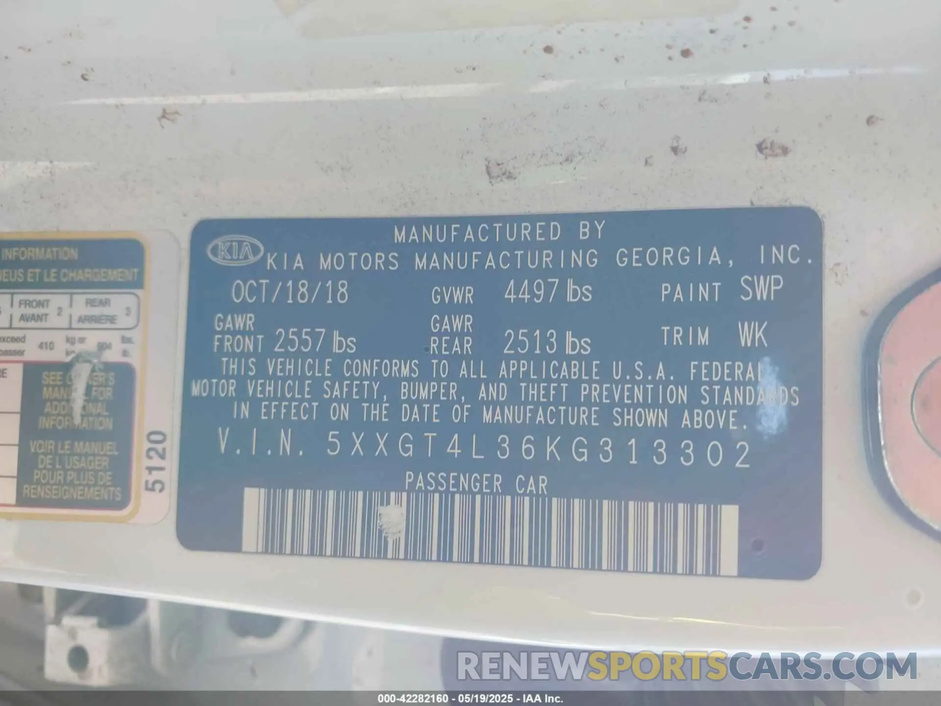 9 Photograph of a damaged car 5XXGT4L36KG313302 KIA OPTIMA 2019