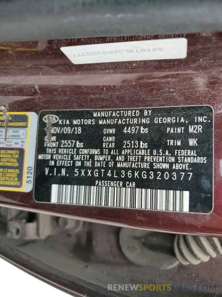 12 Photograph of a damaged car 5XXGT4L36KG320377 KIA OPTIMA 2019