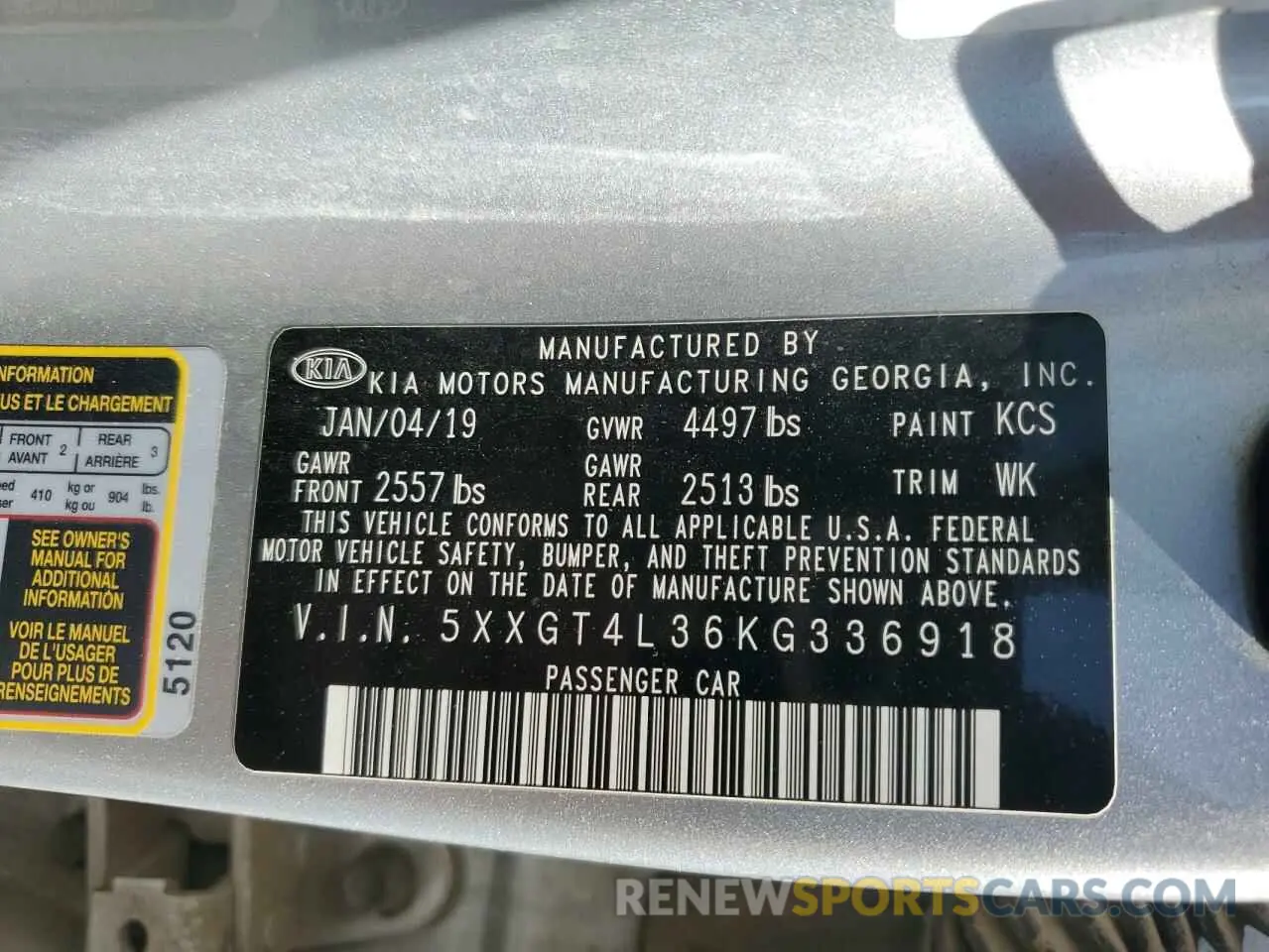 12 Photograph of a damaged car 5XXGT4L36KG336918 KIA OPTIMA 2019