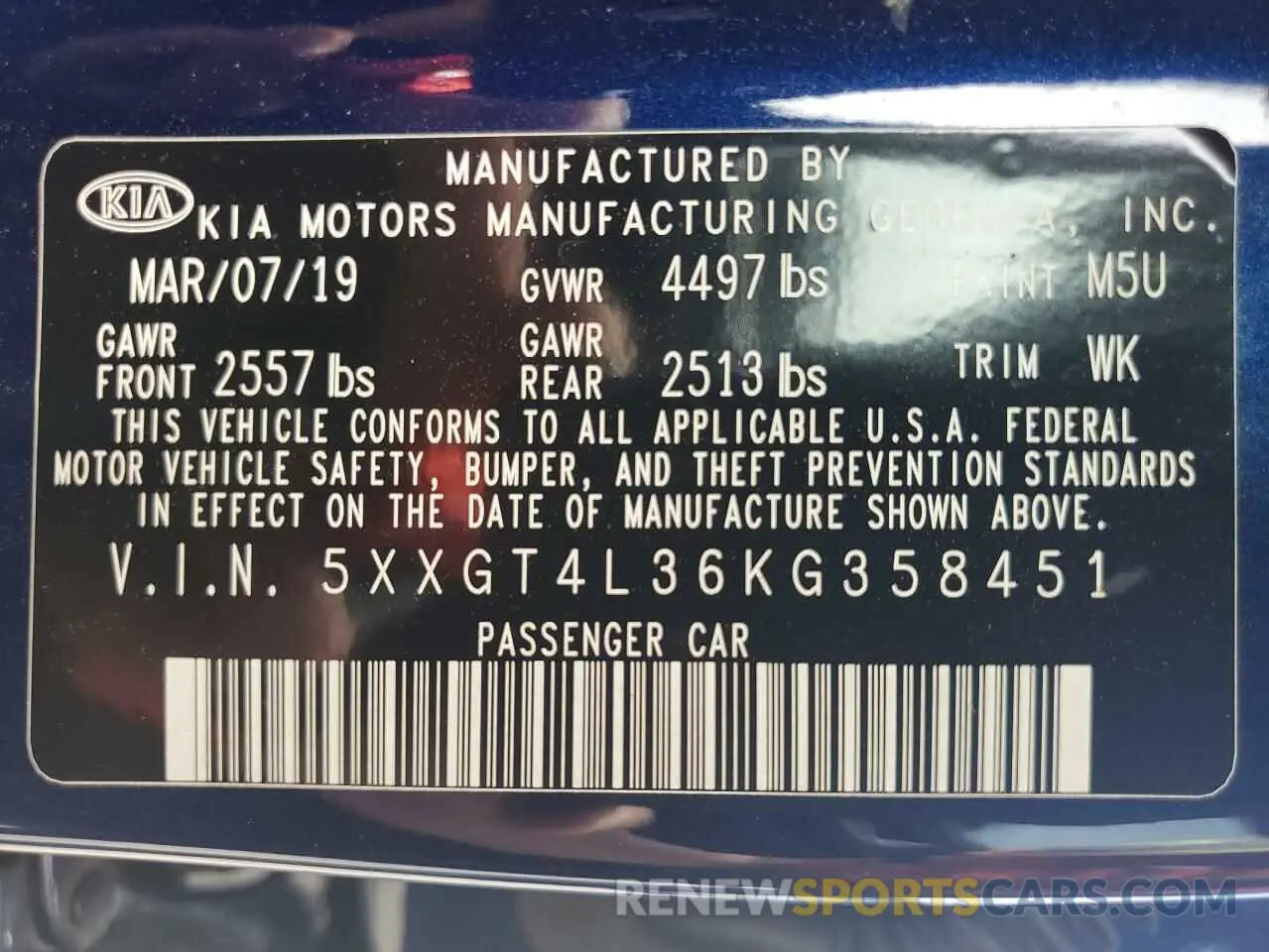 12 Photograph of a damaged car 5XXGT4L36KG358451 KIA OPTIMA 2019