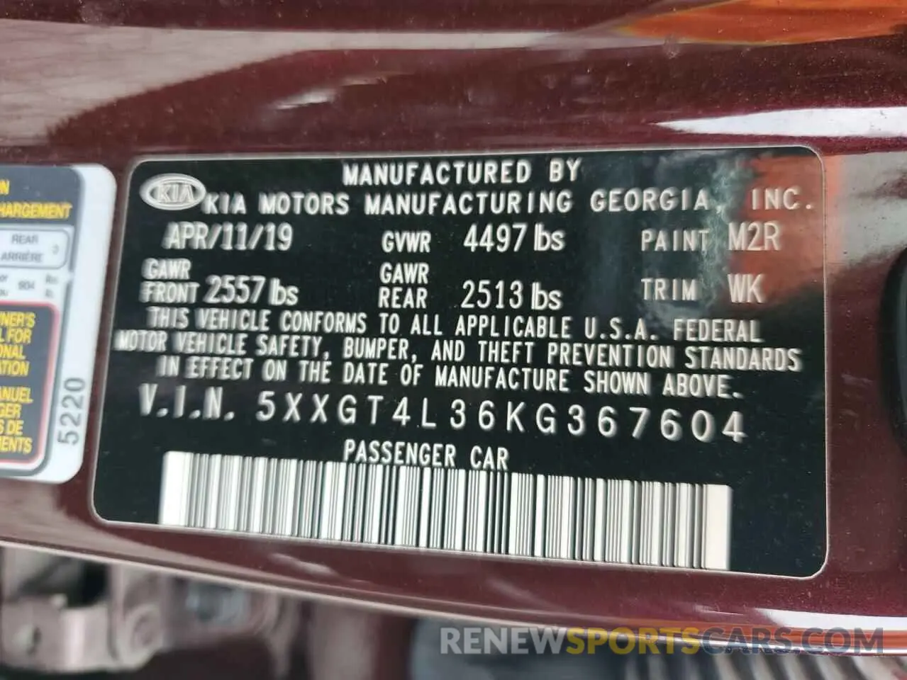 12 Photograph of a damaged car 5XXGT4L36KG367604 KIA OPTIMA 2019