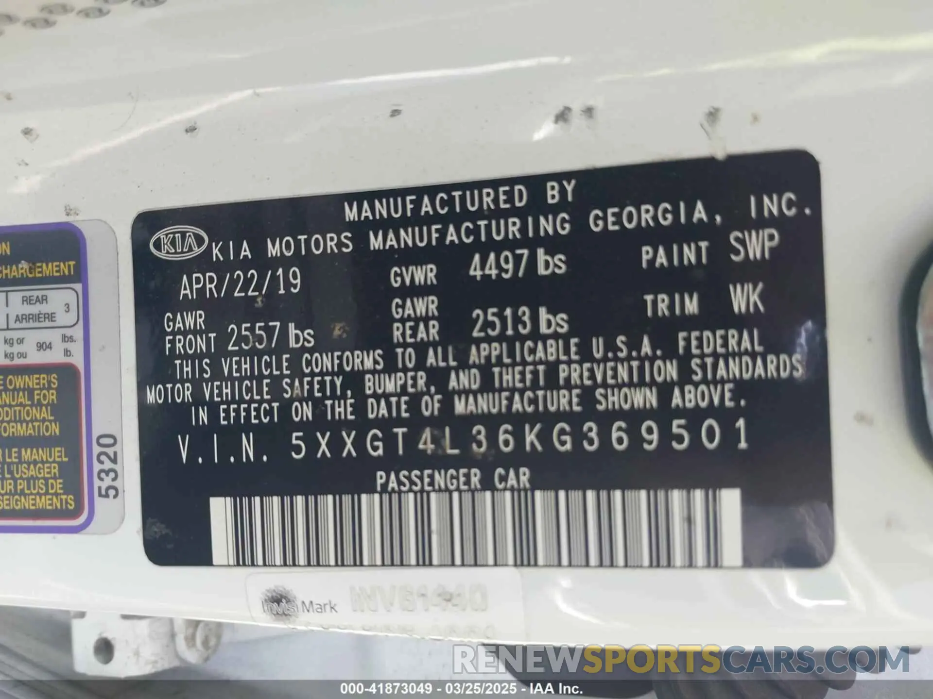 9 Photograph of a damaged car 5XXGT4L36KG369501 KIA OPTIMA 2019