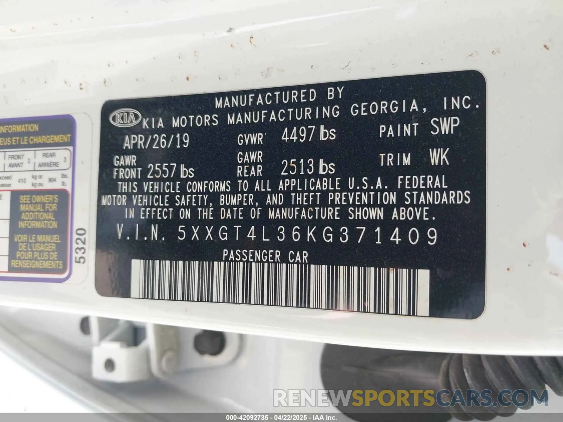 9 Photograph of a damaged car 5XXGT4L36KG371409 KIA OPTIMA 2019