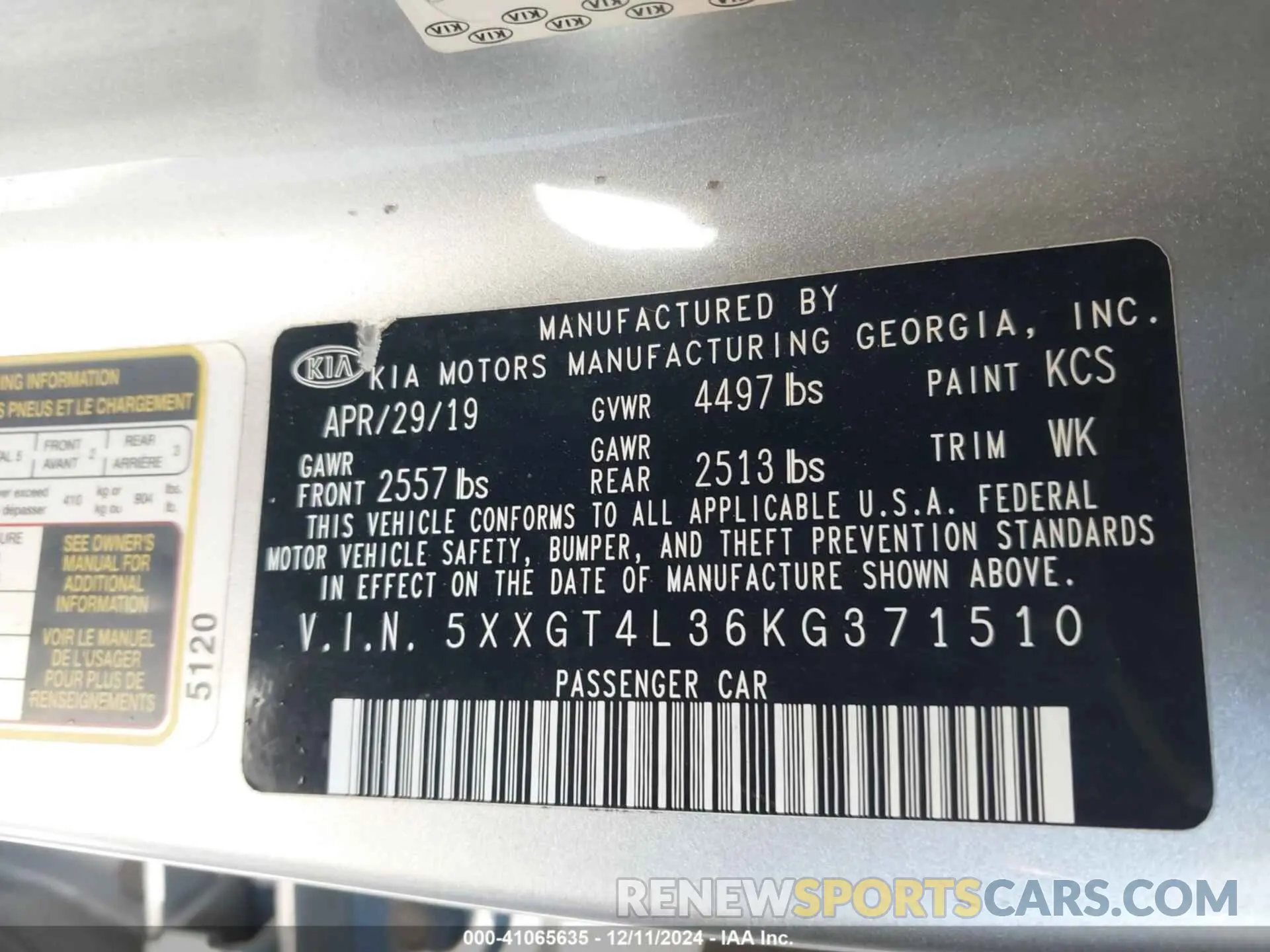 9 Photograph of a damaged car 5XXGT4L36KG371510 KIA OPTIMA 2019