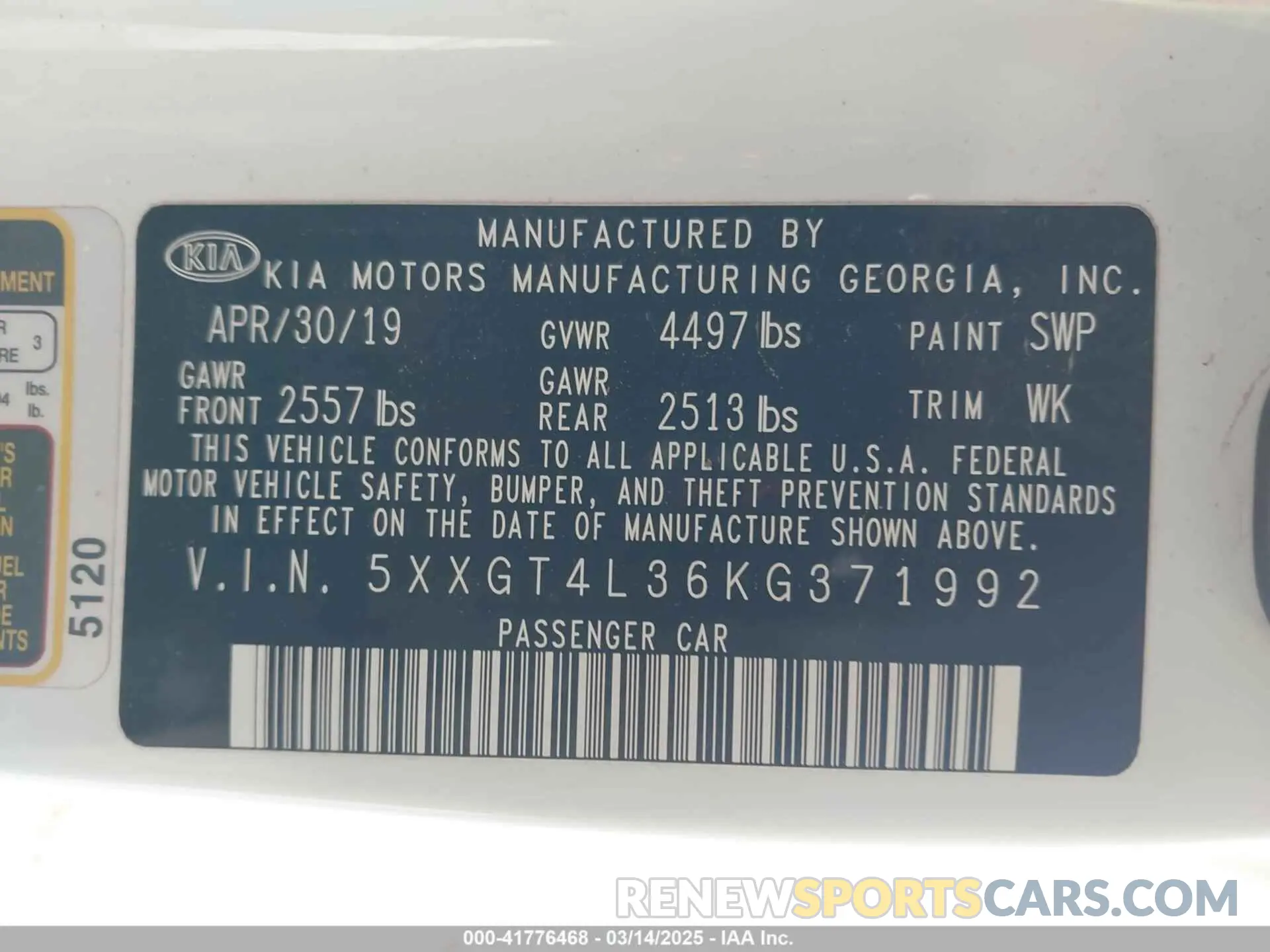 9 Photograph of a damaged car 5XXGT4L36KG371992 KIA OPTIMA 2019