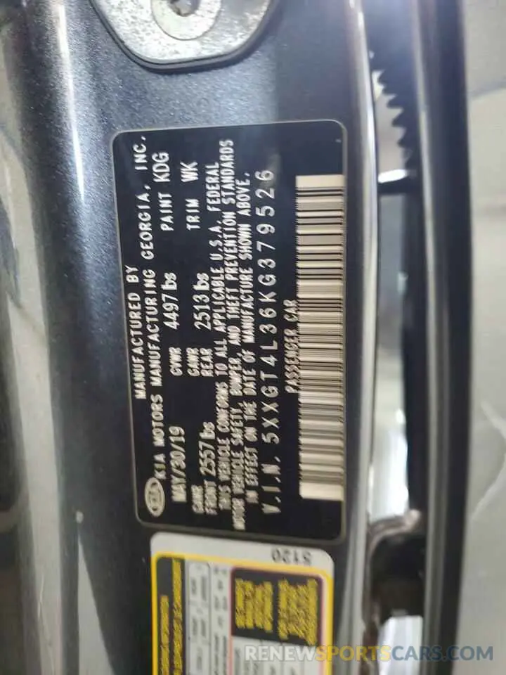 12 Photograph of a damaged car 5XXGT4L36KG379526 KIA OPTIMA 2019