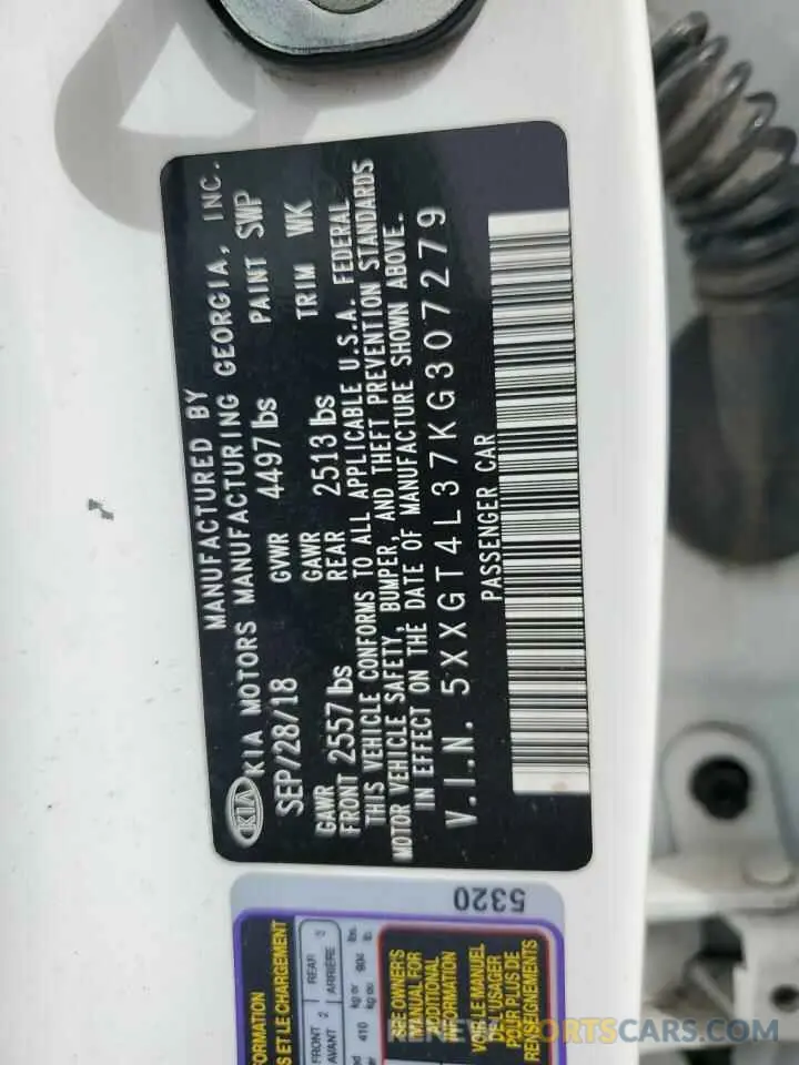 12 Photograph of a damaged car 5XXGT4L37KG307279 KIA OPTIMA 2019