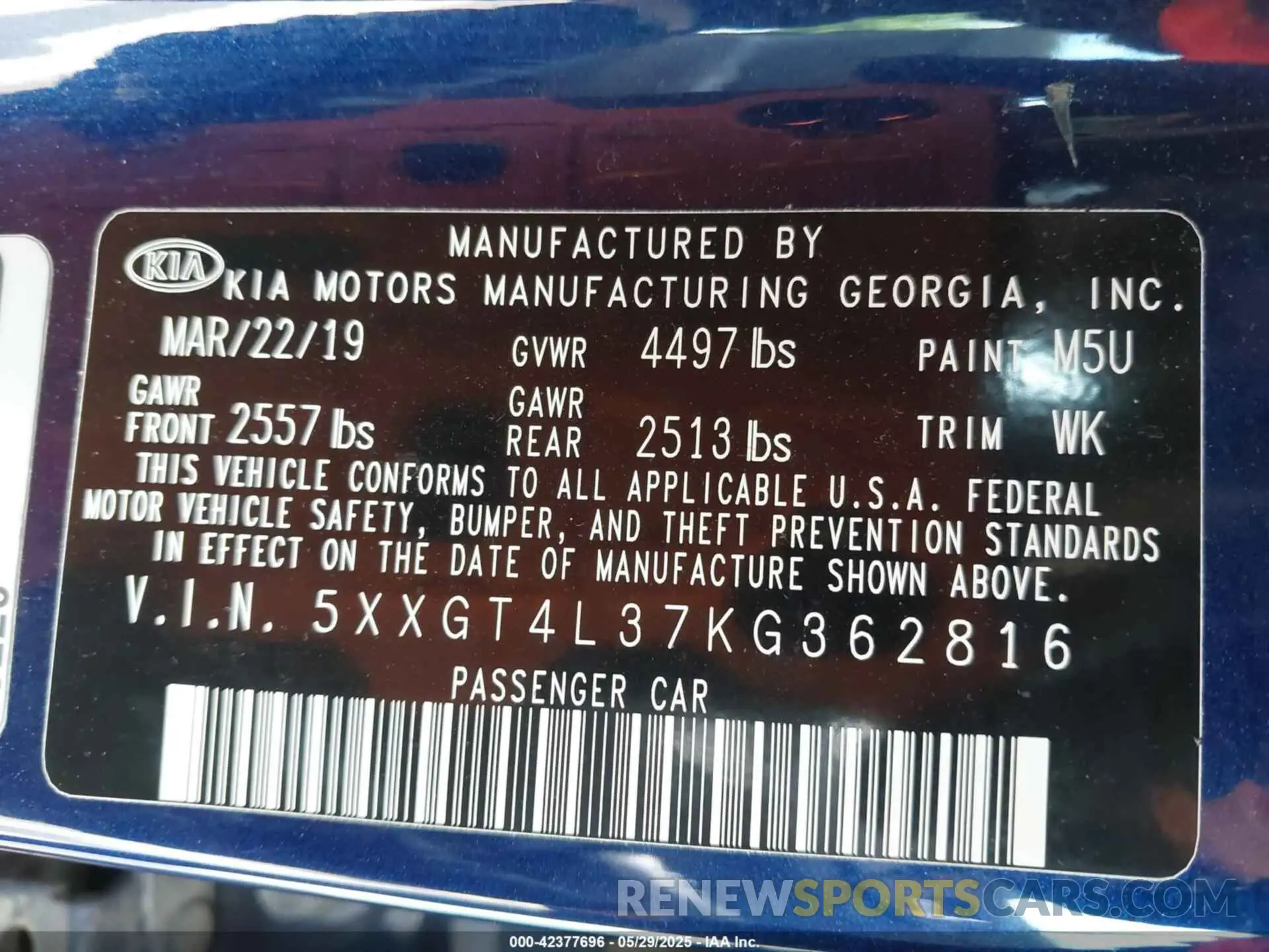 9 Photograph of a damaged car 5XXGT4L37KG362816 KIA OPTIMA 2019