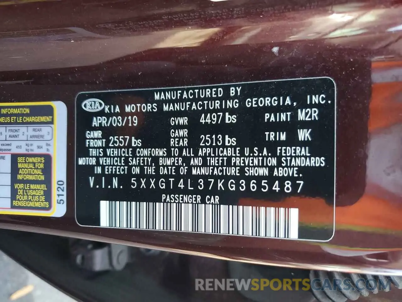 13 Photograph of a damaged car 5XXGT4L37KG365487 KIA OPTIMA 2019