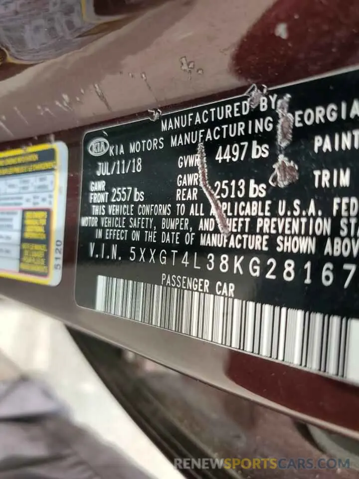 12 Photograph of a damaged car 5XXGT4L38KG281677 KIA OPTIMA 2019