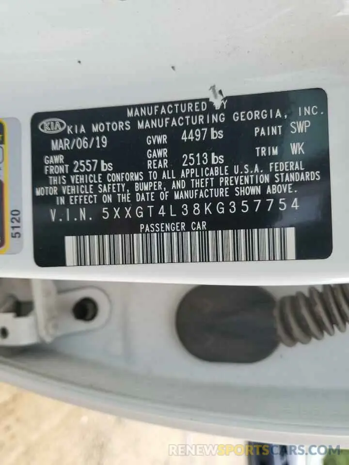 12 Photograph of a damaged car 5XXGT4L38KG357754 KIA OPTIMA 2019