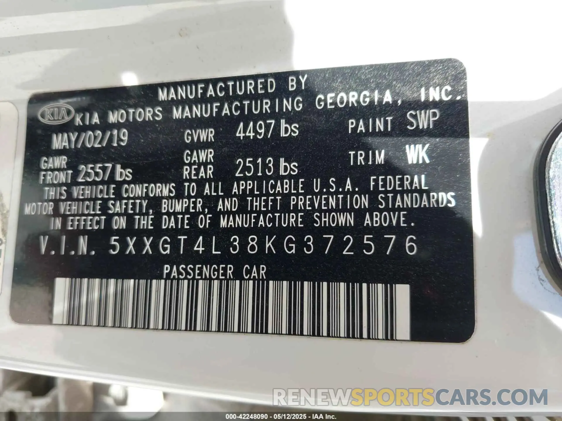 9 Photograph of a damaged car 5XXGT4L38KG372576 KIA OPTIMA 2019